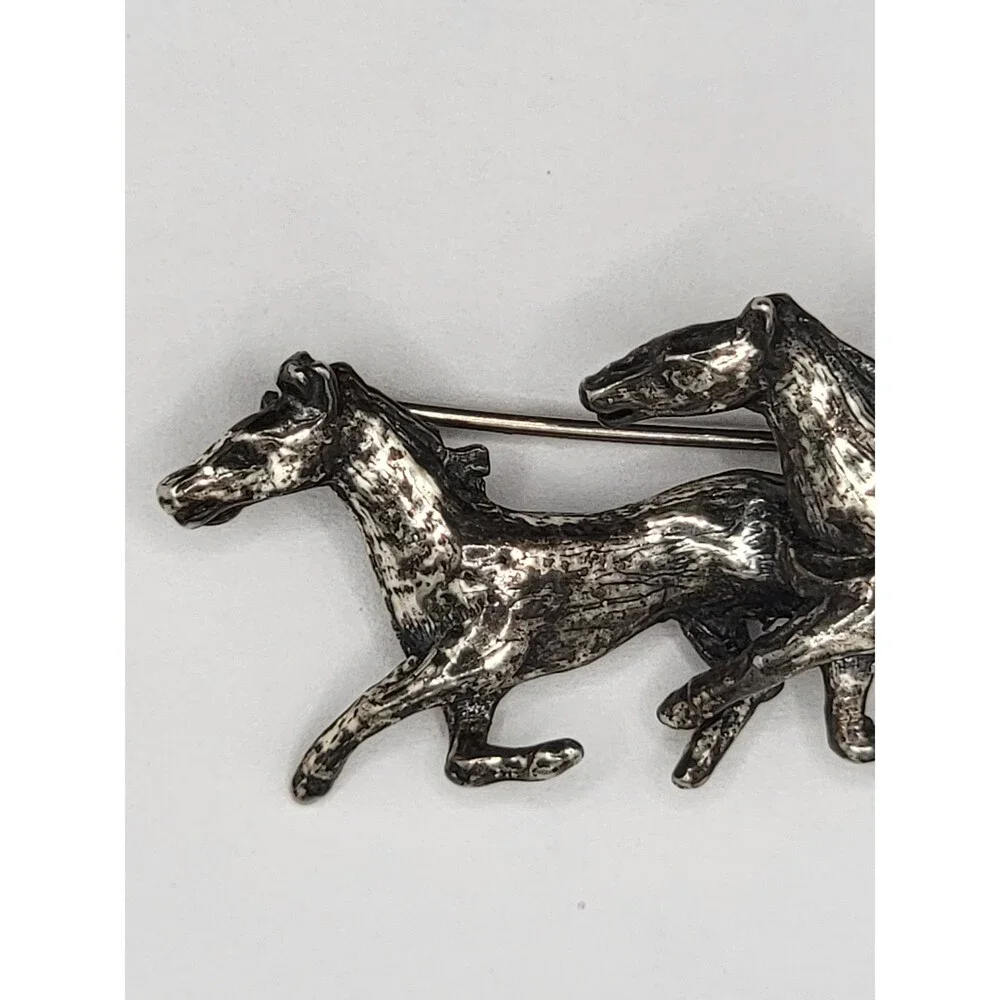 Vintage Zentall Three Running Horses Silver Tone Brooch